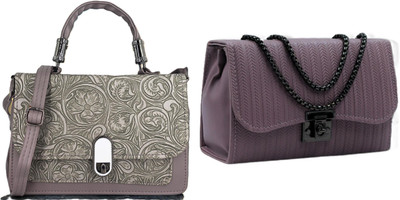zufisha Grey, Purple Sling Bag Women Embossed Textured Flap Sling Bag with Adjustable Strap(Pack of 2)