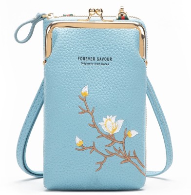 MOMISY Blue Sling Bag MobileBag-Embroidery-Blue