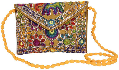Craft Trade Yellow Sling Bag Handmade Cotton Ethnic Rajasthani Embroidered Sling Bags for women