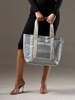 ENSAC Blue Tote Chic Grey & White Striped Tote Bag, Everyday Essential with Canvas Handles