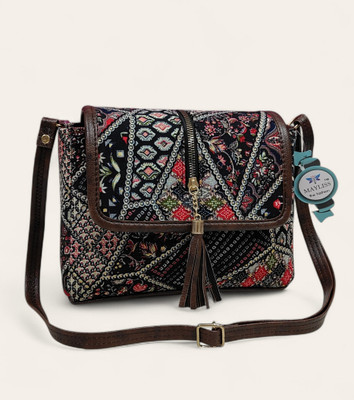 MAYLISS Grey Sling Bag Black Women sling/Cotton Fabric sling/Full handwork sling/For Partywear/Wedding