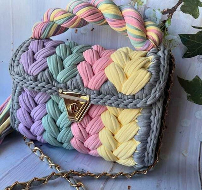 JNT SIMPEX Multicolor Hand-held Bag MultiColor Crochet Bag with Gold Chain