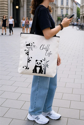 TRISHILP White Tote Canvas Tote Bag With Zip For Women | Panda Printed Tote