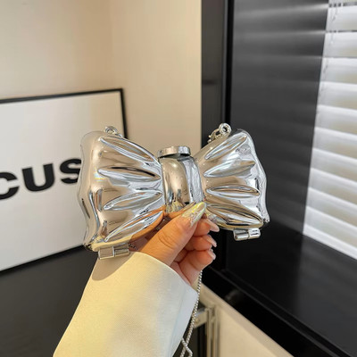 buddle Silver Sling Bag Bow Shaped Mini Evening Bag, Women Fashion Chain Strap Crossbody