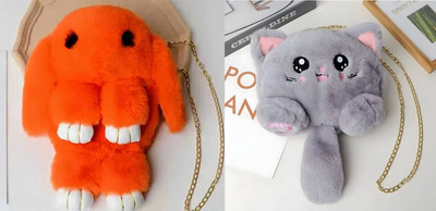 Nappmall Grey, Orange Sling Bag Women Shoulder Bag Cute Soft & Fluffy Teddy Bear Sling Bag | Side Bags(Pack of 2)