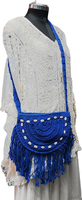 RCE Blue Sling Bag Handmade Blue Crochet Sling Bag with Cowrie Shells & Fringe – Crossbody