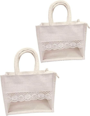 SONITO ENTERPRISES White Tote Jute Gift Hamper Bag with Transparent Window(Pack of 2)