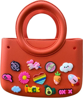 ved online mart Orange Sling Bag Trendy Pink Kids Rubber Handbag with Cartoon Pins – DIY Charm Bag for Girls