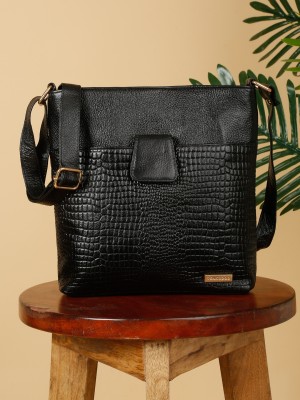 Teakwood Leathers Black Sling Bag Women Black Leather Croco Pattern Sling Bag