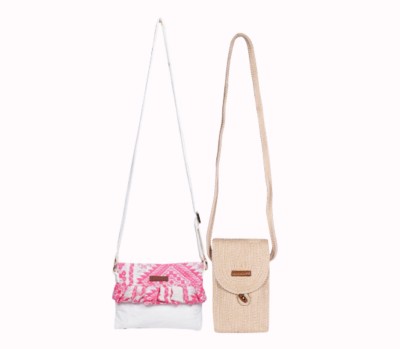 ENSAC Pink, Beige Sling Bag JUTEROPE-MOBILEcBEG-1_RUFFLEcPNKWHTI-2(Pack of 2)