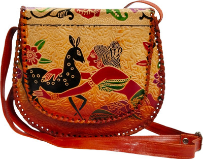 Chitrahar Orange Sling Bag Hand Crafted Pure Shantiniketan Leather Cros Body Sling Bag For Women