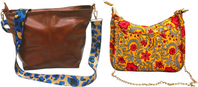 Dakota Yellow, Brown Sling Bag In Floral Printed Cotton with Multiple Compartments & Pockets(Pack of 2)