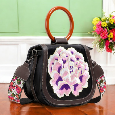 Exotic Black Sling Bag Retro Floral Embroidery Sling Bag