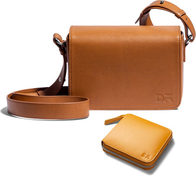 DailyObjects Tan Sling Bag Sol Box Shoulder Bag | Chrome Yellow Vegan Leather Zip Wallet Combo(Pack of 2)