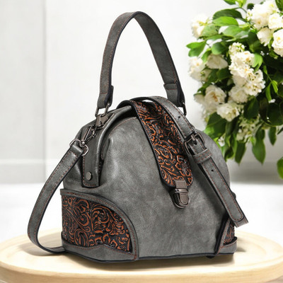 Exotic Premium Grey Hand-held Bag Vintage Retro Embossed Floral Sling Bag