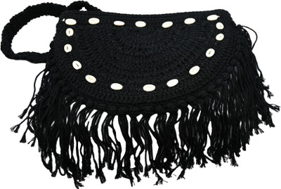 Onish Black Sling Bag Handmade Black Sling Bag with Shells & Fringe – Crossbody Purse for Women
