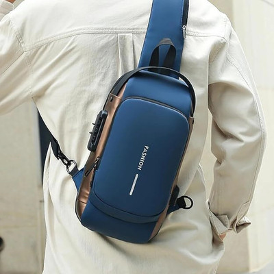 LOGGIN Blue, Gold Sling Bag Waterproof Polyester Slim Unisex Crossbody Sling Bag Chest Backpack Men's