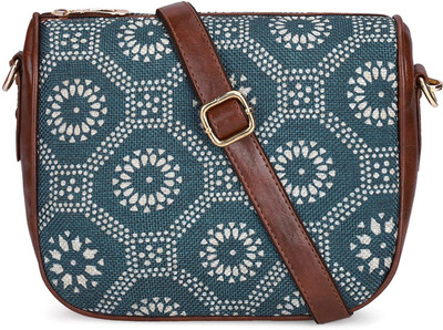 The CLOWNFISH Multicolor Sling Bag Garnet Series Printed Handicraft Fabric Sling Bag for Womens (Light Blue)
