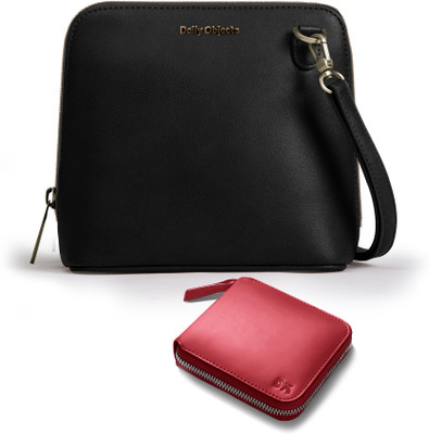 DailyObjects Black Sling Bag Vegan Leather - Trapeze Crossbody Bag | Crimson Red Leather Zip Wallet Combo(Pack of 2)