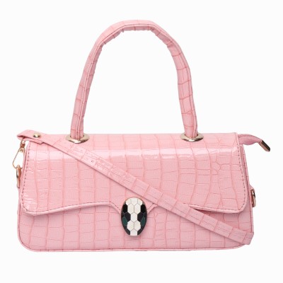 TreasureTrims Pink Sling Bag Ladies Crocodile Pattern Handbag, Black Patent Leather,