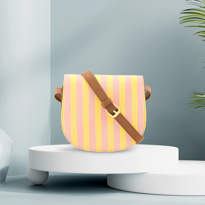 Fastrack Pink Sling Bag Pink and Yellow Nautical Striped Casual Sling Bag for Women