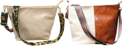 Dakota Beige, White, Brown Sling Bag with Detachable Green Belt for Girls & Women(Pack of 2)