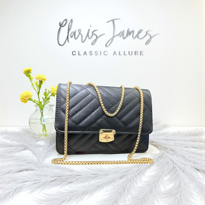 clarisjames Black Sling Bag Black chain handle crosslock trendy embroidered slingbag women