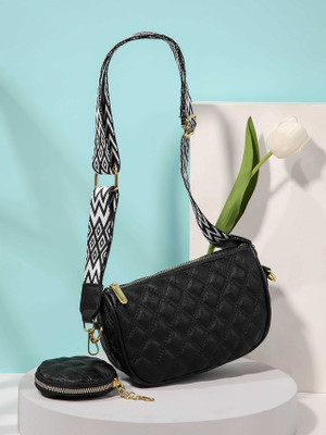 Diva Dale Black Sling Bag Trendy Stylish Spacious Quilted Broad Belt Coin Pouch Party-Wear