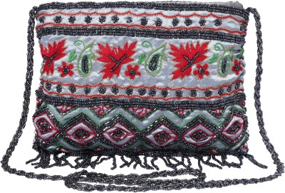 myDsGifts Grey Sling Bag Women’s Stylish Sling Bag Clutch with Ethnic Beadwork and Embroidery, Brown