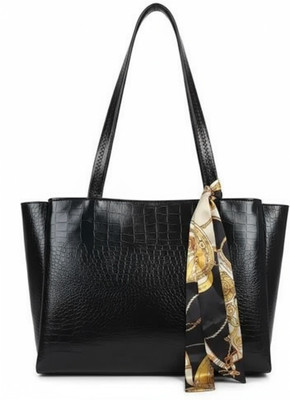 GEWEES Black Hand-held Bag Leather Shoulder Bag| Handbag For Ladies | Black Crocodile-Embossed Tote Bag