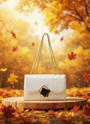 Leather Land White Sling Bag Designer Box Golden chain in Snow White