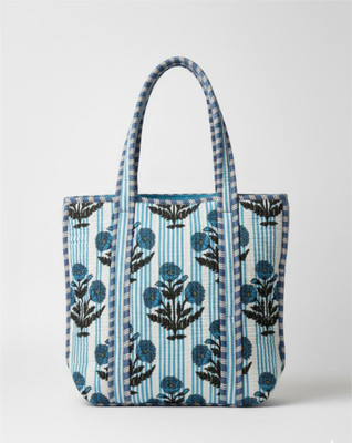 Amrit Blue, White Tote Cotton Printed shoulder Bag Quilted Hand Block Floral Printed 18x5.5x16 Inch
