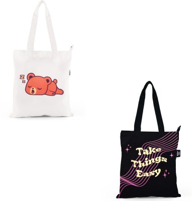 UpTown Folks Black, White Tote Take Things Easy + Lazy Bear Tote Bag(Pack of 2)