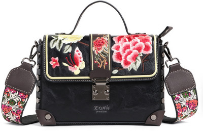 Exotic Black Sling Bag Embroidery Design Boxy type Shoulder Bag