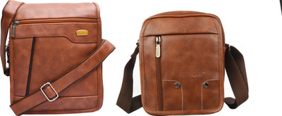 Blowzy Tan, Tan Sling Bag Artificial Leather Cross-Body Large Sling Bag for Men/Boys(Pack of 2)