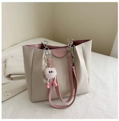 mas navi White Sling Bag Stylish White & Pink PU Leather Tote Bag for Women with Cute Fur Keychain Charm