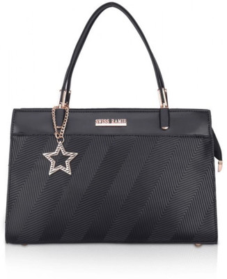 ABSECOM Black Hand-held Bag Faux Leather Textured Adjustable Long Belt Handbag