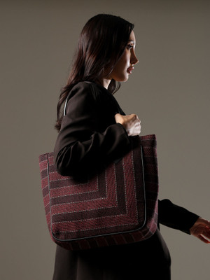 ENSAC Red, Black Hand-held Bag Sophisticated Red & Black Woven Tote Bag, Stylish Work & Daily Use Bag