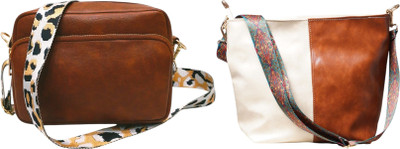 Dakota Brown, White, Brown Sling Bag /Crossbody Bag with White Adjustable Belt for Girls & Women(Pack of 2)