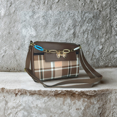 EVORK FASHION Brown Sling Bag Women's Checkered Plaid Crossbody Sling Bag with Golden Chain & Bow Detail