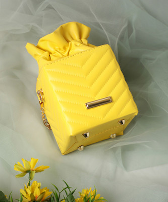 Haute saute Yellow Sling Bag Yellow Quilted Textured Vegan Leather Sling Bag