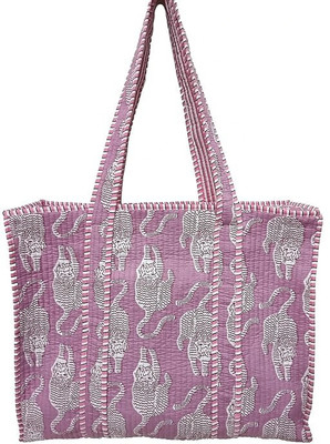 Art World Pink, Grey Tote Women Tote Cotton Printed Bag Quilted Hand Block Floral Printed 18x5.5x16 Inch