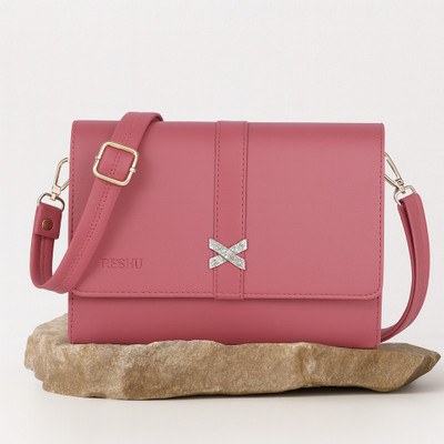 Reshu Pink Sling Bag Handmade Vegan Leather Women's Sling Bags Adjustable Shoulder Strap & 3 pockets