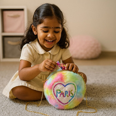 NSPL Multicolor Sling Bag Paris Heart Design Plush Sling Bag for Girls & Kids