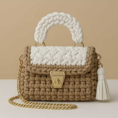 Super Duper Beige, White Sling Bag Handcrafted Crochet Shoulder Bag with Gold Chain Strap–Stylish Handmade Women’s