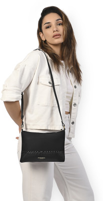 ACCESSORIZE LONDON Black Sling Bag Women's Faux Suede Froy Flat Stitch Sling Bag