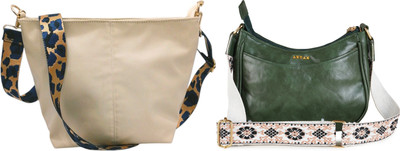 Dakota Beige, Green Sling Bag with Detachable Dark Blue Belt for Girls & Women(Pack of 2)