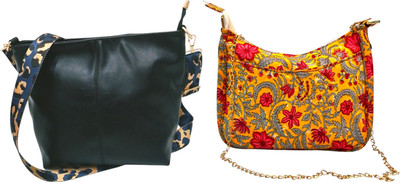 Dakota Yellow, Black Sling Bag In Floral Printed Cotton with Multiple Compartments & Pockets(Pack of 2)