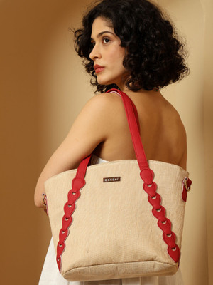ENSAC Red Hand-held Bag Women’s Beige Jute Tote Bag, Stylish Handbag with Red Faux Leather Handles