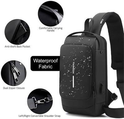 FINIFAB Black Shoulder Bag Unisex Waterproof Crossbody Sling Bag – Anti-Theft, USB Charging